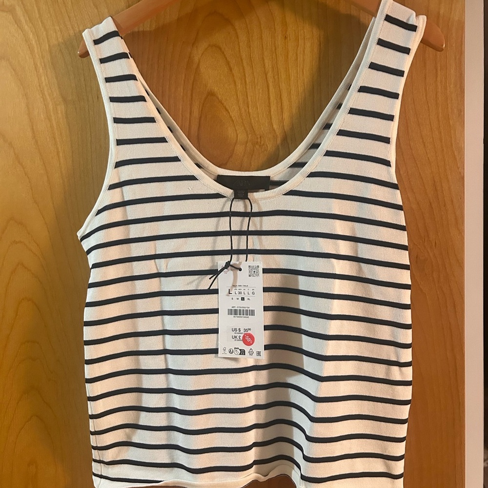 Zara White Tank with Black Stripes Scoop Neck